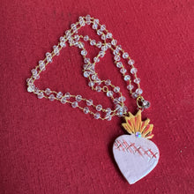 Pink Ceramic Sacred Heart Necklace on Crystal Rosary Chain