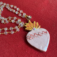 Pink Ceramic Sacred Heart Necklace on Crystal Rosary Chain