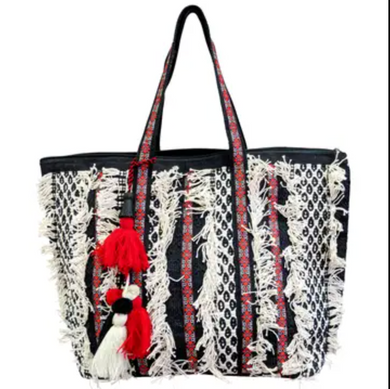 Fringy Black and White Tote w/ Tassels