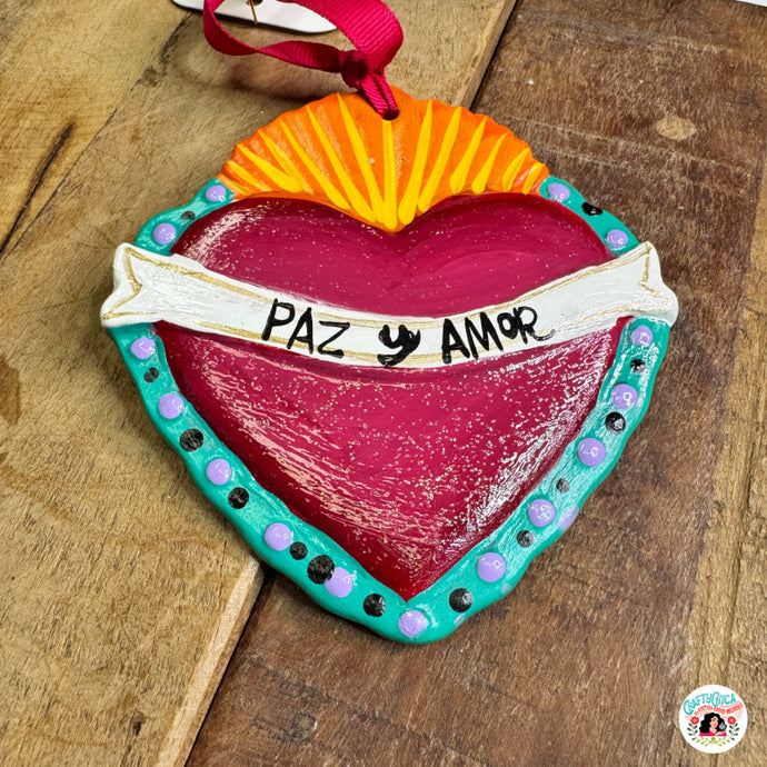 Paz y Amor Sacred Heart Ceramic Ornament