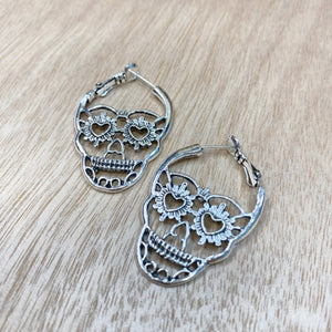 Silver Hoop Sugar Skull Earrings