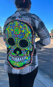 Upcycled Flannel Shirt - Neon Sugar Skull